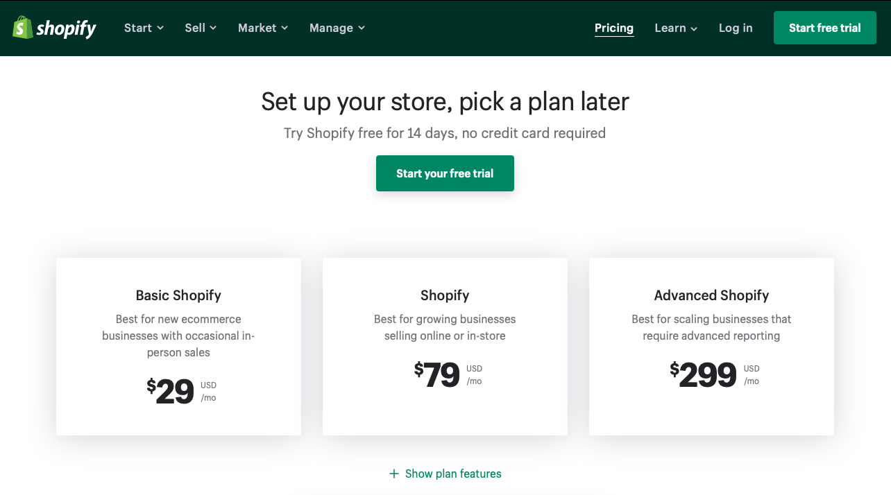Pricing shopify