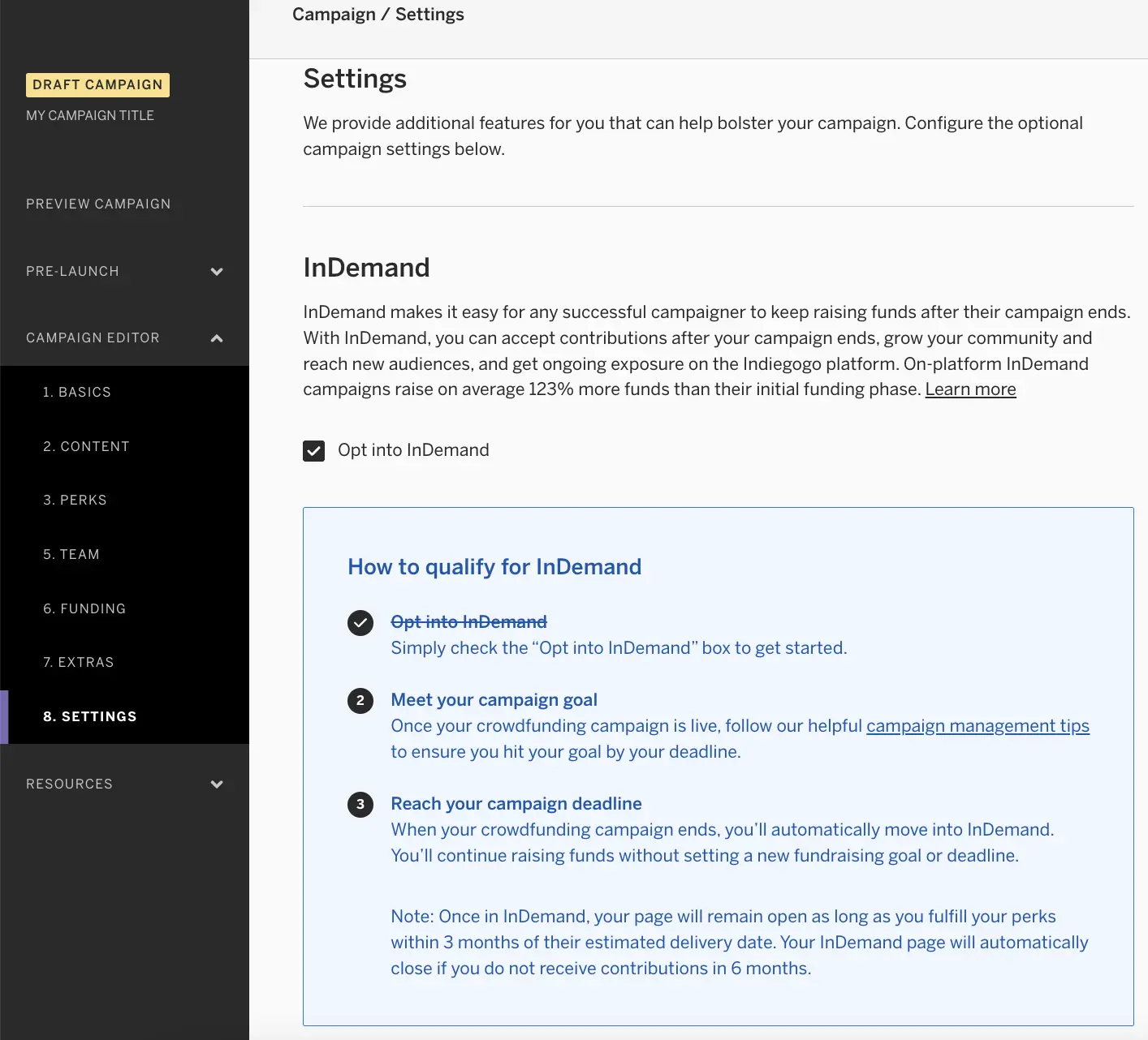 Indiegogo InDemand Settings